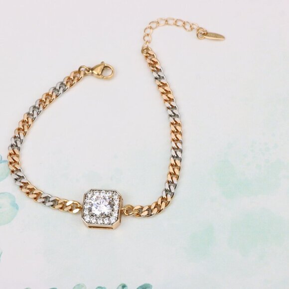 "Two-Tone Chain Bracelet with Sparkling Centerpiece, XPBL0787 - Picture 11 of 13